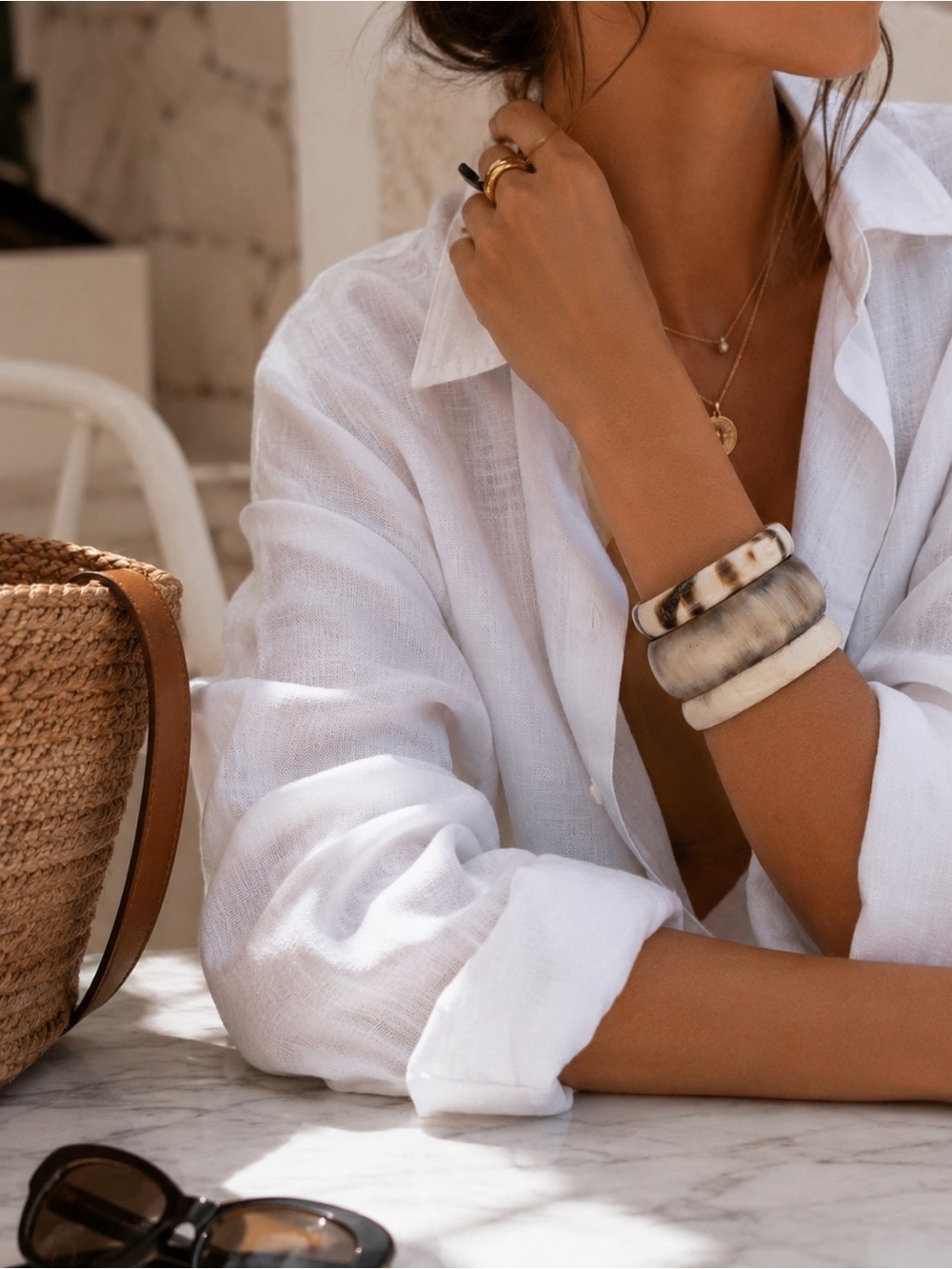 Handmade Carved Natural Ivory Brown Horn Wide Bangle Bracelet Stack - Set 3
